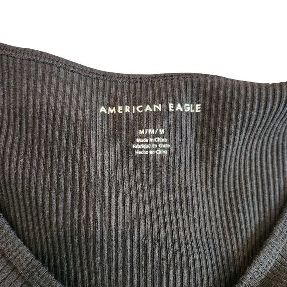 American Eagle AE Rib Knit Keyhole Tie-Front Tee T-Shirt Crop Top Black Medium - Picture 6 of 9